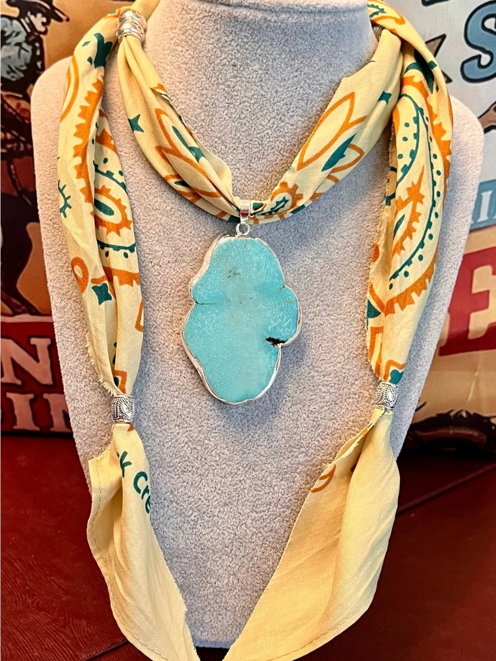 Handmade Turquoise Pendant Prairie Style Bandana, Wild Rag Length, Nostalgic